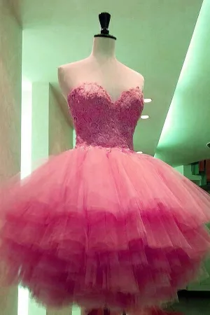 Sweetheart Strapless Short Prom Dress,Layers Lace Appliques Homecoming Dress Party Dress,SH103