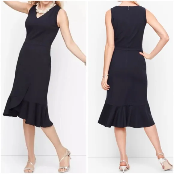 Talbots Black Ponte Flounce Hem Wrap Dress Size 8 Sleeveless Ruffle Hem NWT $139