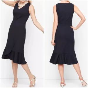Talbots Black Ponte Flounce Hem Wrap Dress Size 8 Sleeveless Ruffle Hem NWT $139