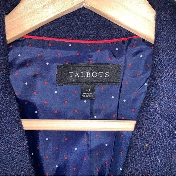 TALBOTS Blazer Jacket 10 Navy Polka Dot Lining Wool Blend Button Front Career