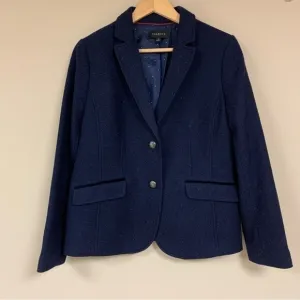 TALBOTS Blazer Jacket 10 Navy Polka Dot Lining Wool Blend Button Front Career