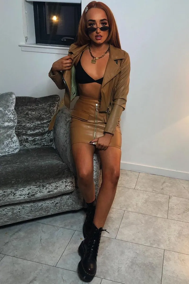 Tan Faux Leather Crop Zip Front Jacket - Deniya