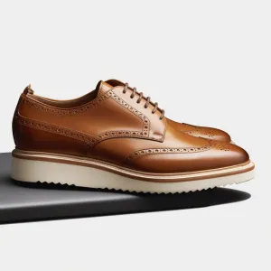 Tan Leather Ophira Lace Up Brogue Derby Shoes with White Sole - Formal Shoes