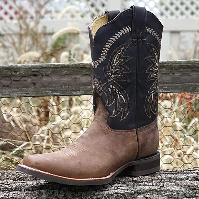 Tan Square Toe Leather Cowboy Boots H4002
