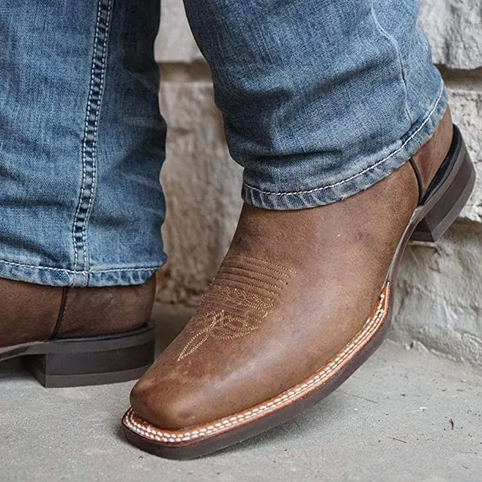 Tan Square Toe Leather Cowboy Boots H4002