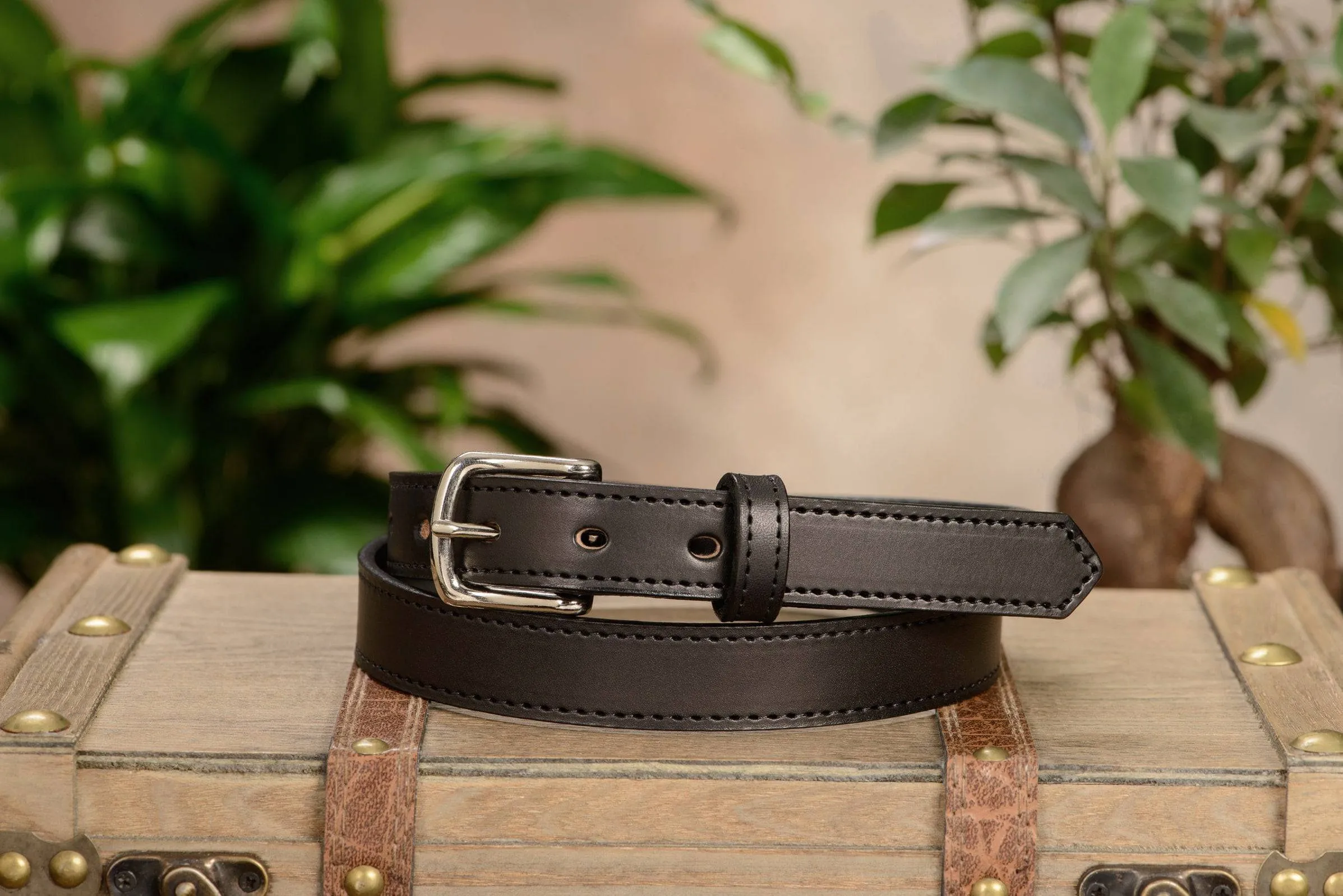 The Colt: Black Stitched Leather Belt Petite Width 1.00"