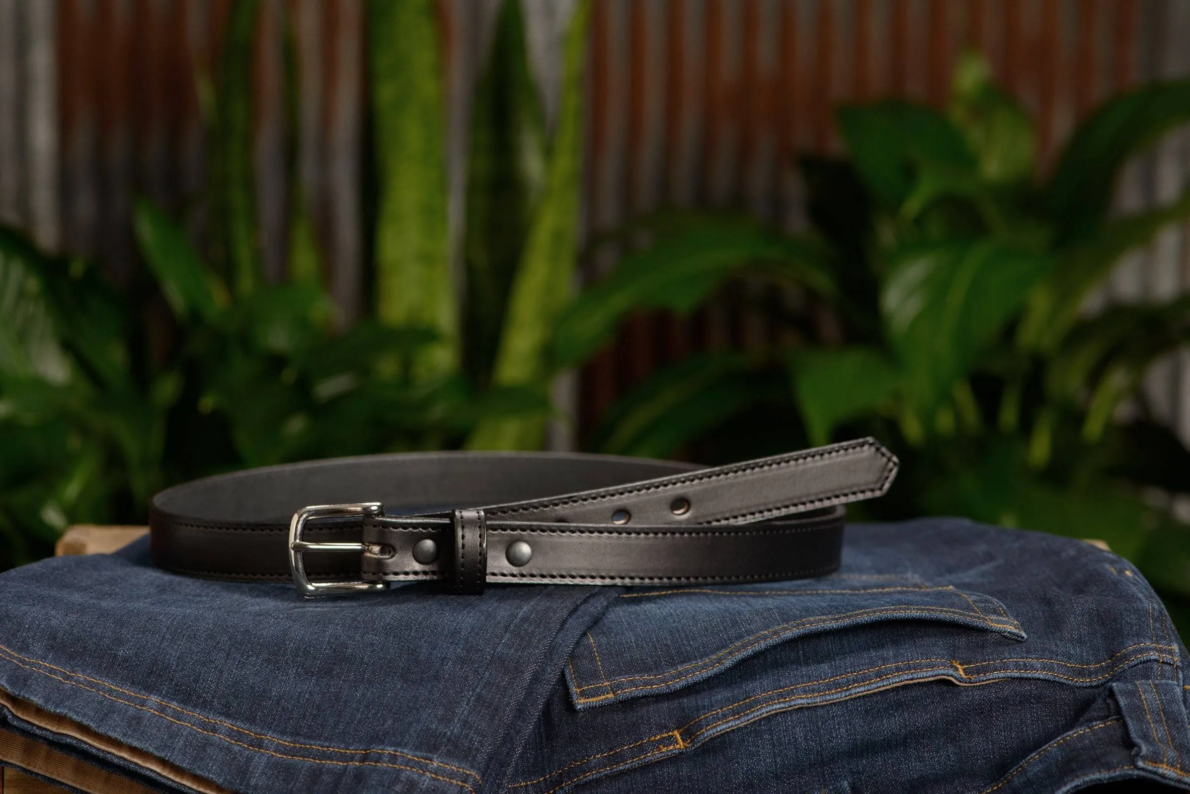 The Colt: Black Stitched Leather Belt Petite Width 1.00"
