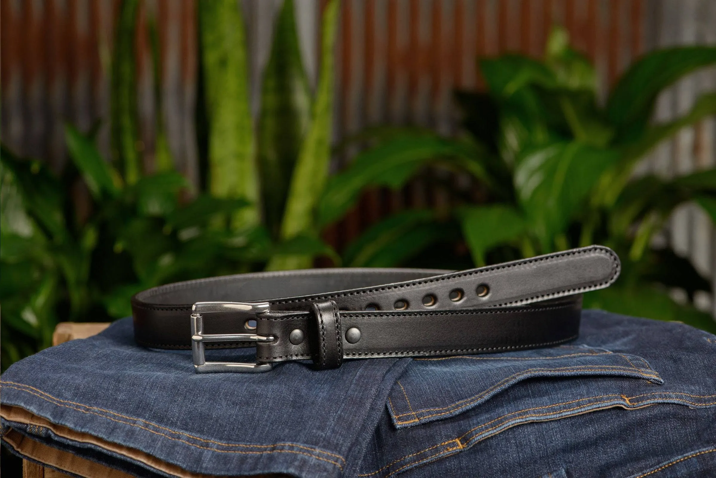 The Eastwood: Men's Black Stitched Leather Belt Max Thick 1.25"