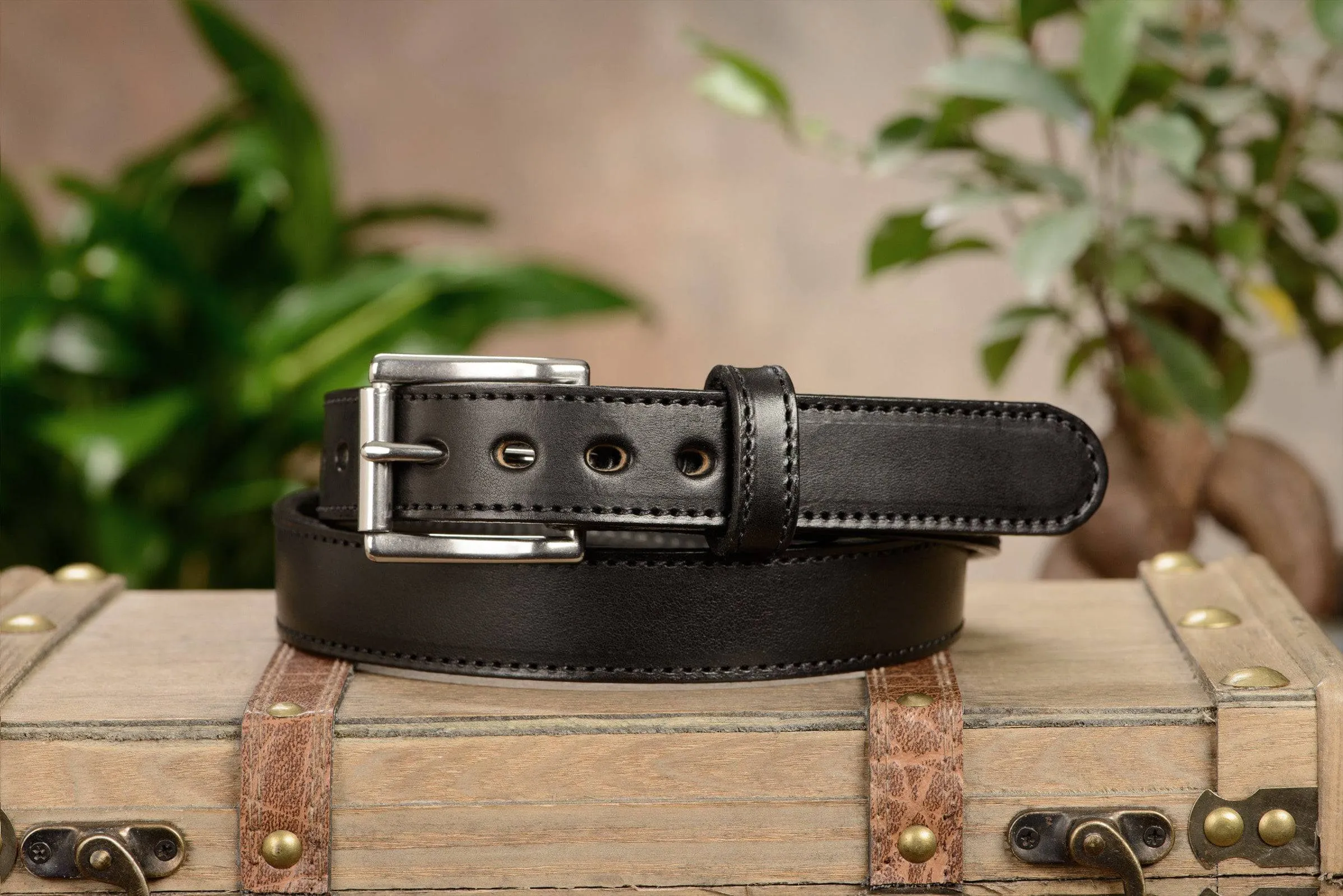 The Eastwood: Men's Black Stitched Leather Belt Max Thick 1.25"