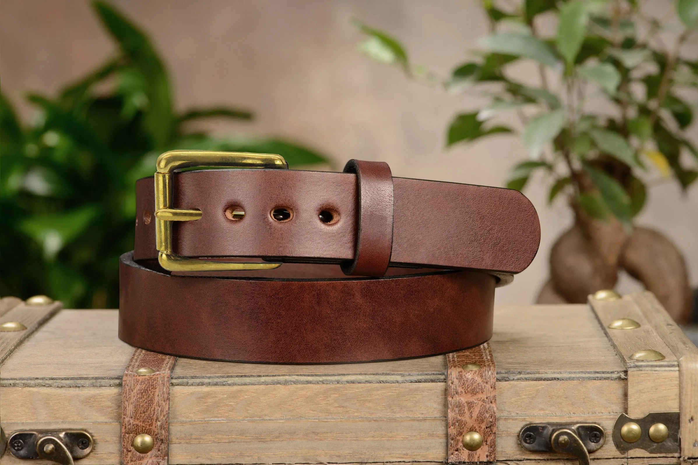 The Eastwood: Men's Brown Non Stitched Leather Belt Max Thick With Brass 1.50"