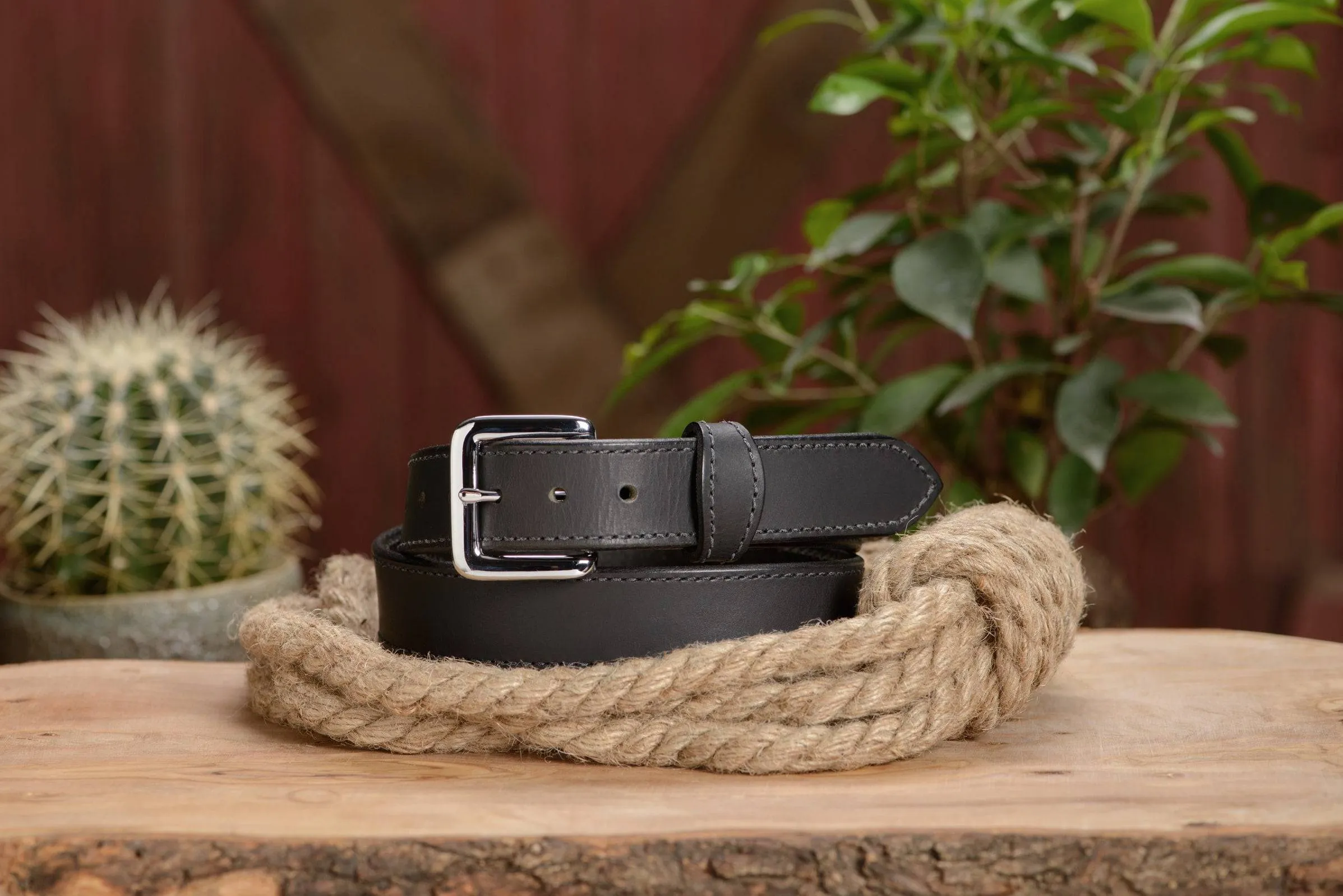 The Lakota: Black Stitched Water Buffalo Leather Belt With Snaps 1.25"