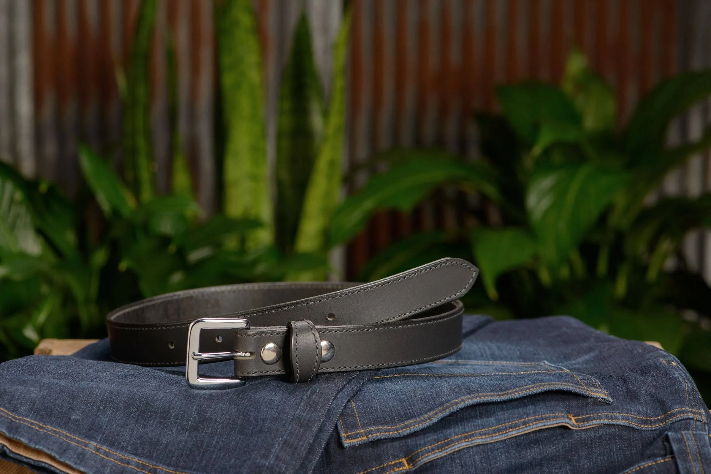 The Lakota: Black Stitched Water Buffalo Leather Belt With Snaps 1.25"
