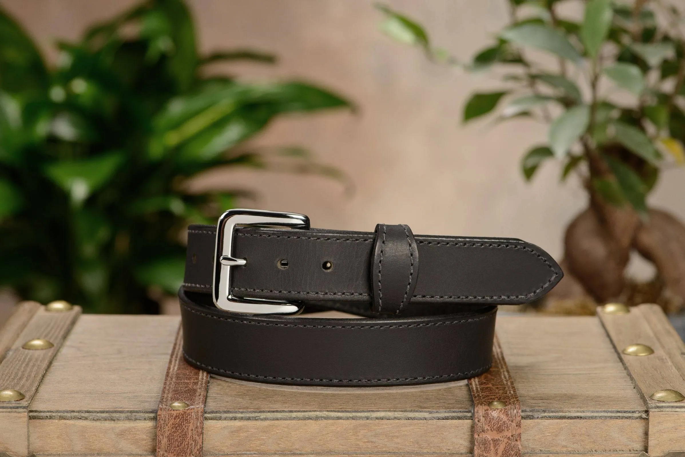 The Lakota: Black Stitched Water Buffalo Leather Belt With Snaps 1.25"