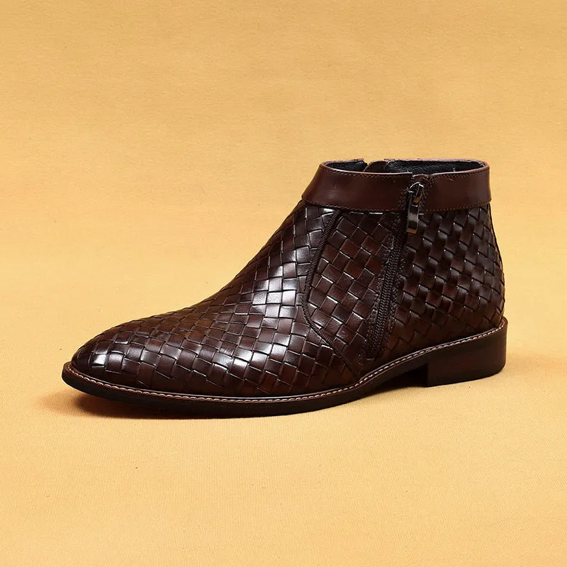 Top Layer Cowhide Men's Leather Shoes Winter Casual Hand-Woven Leather Shoes Fashionable Breathable Soft Leather Pointed Business Chelsea Boots65125