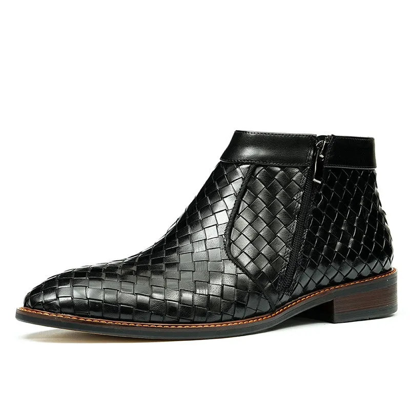 Top Layer Cowhide Men's Leather Shoes Winter Casual Hand-Woven Leather Shoes Fashionable Breathable Soft Leather Pointed Business Chelsea Boots65125