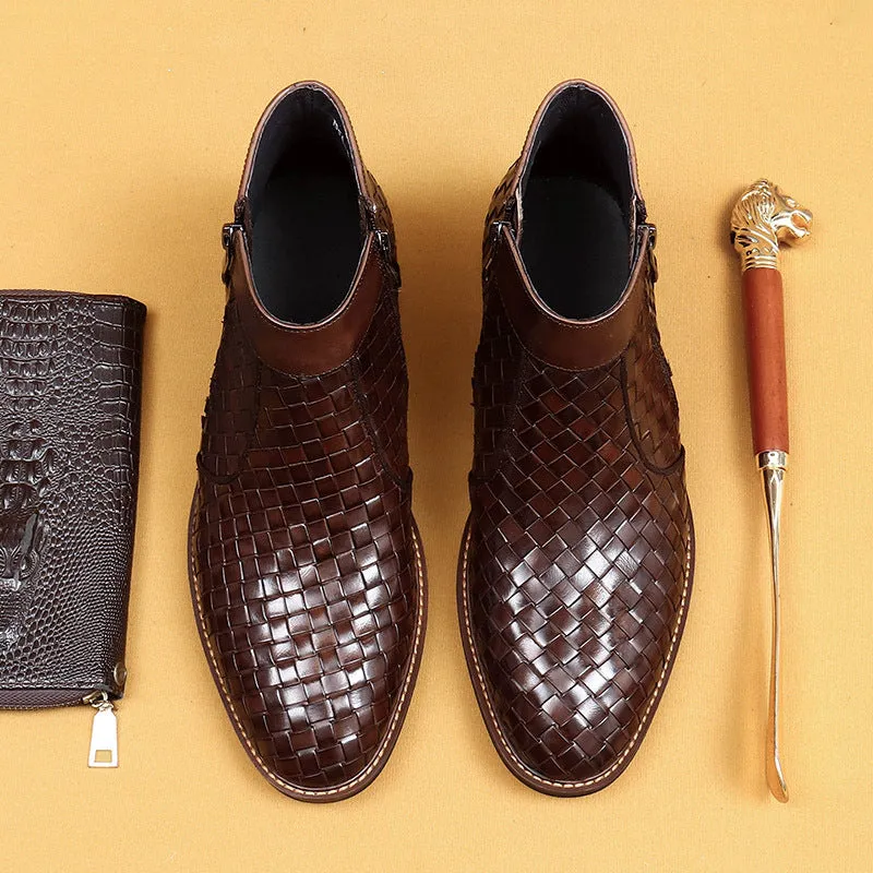 Top Layer Cowhide Men's Leather Shoes Winter Casual Hand-Woven Leather Shoes Fashionable Breathable Soft Leather Pointed Business Chelsea Boots65125