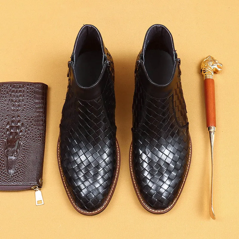 Top Layer Cowhide Men's Leather Shoes Winter Casual Hand-Woven Leather Shoes Fashionable Breathable Soft Leather Pointed Business Chelsea Boots65125