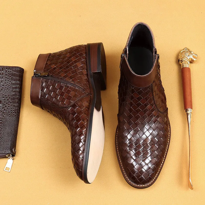 Top Layer Cowhide Men's Leather Shoes Winter Casual Hand-Woven Leather Shoes Fashionable Breathable Soft Leather Pointed Business Chelsea Boots65125
