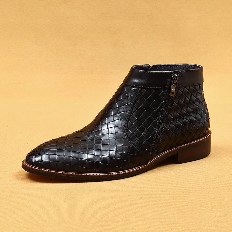 Top Layer Cowhide Men's Leather Shoes Winter Casual Hand-Woven Leather Shoes Fashionable Breathable Soft Leather Pointed Business Chelsea Boots65125