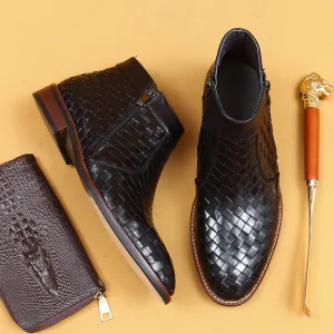 Top Layer Cowhide Men's Leather Shoes Winter Casual Hand-Woven Leather Shoes Fashionable Breathable Soft Leather Pointed Business Chelsea Boots65125