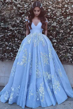 Tulle Ball Gown Sleeveless Off Shoulder Applique Sweep Train Prom Dress, M248