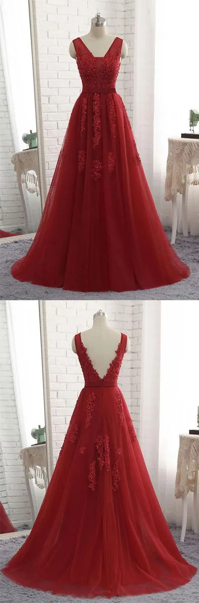 Tulle Prom Dress 2018, Dark Red Gowns, Tulle Formal Dresses