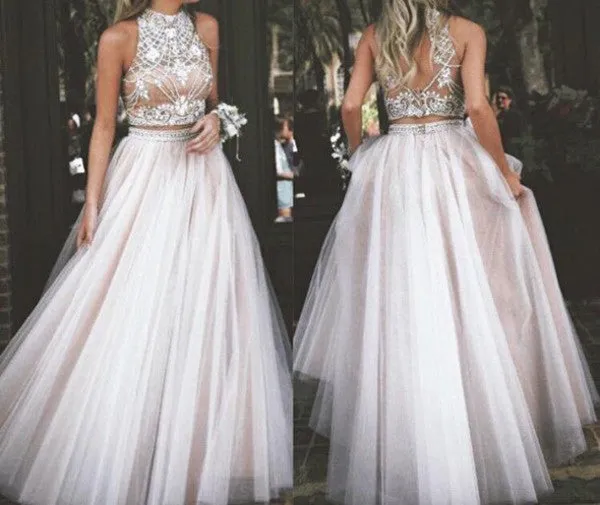 Two Pieces Prom Dresses with Beading,O-Neck Prom Dresses,Real Made Prom Gowns,SIM627