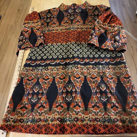 Uncle Frank Paisley Warm Ton Knee Length Knit Dress Puff Sleeve Mock Neck Large