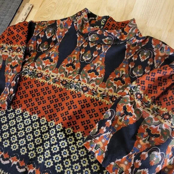 Uncle Frank Paisley Warm Ton Knee Length Knit Dress Puff Sleeve Mock Neck Large