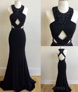 Unique black mermaid long prom dress, black formal dress for teens