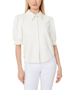 Vegan Leather Elastic Cuff Short Sleeve Top - White