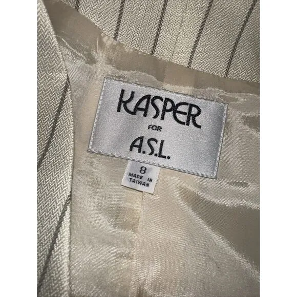 Vintage Kasper 3 Piece Career Suit Cream Taupe Striped Jacket Skirt Top Sz 8 EUC