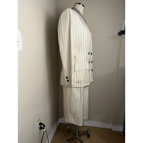 Vintage Kasper 3 Piece Career Suit Cream Taupe Striped Jacket Skirt Top Sz 8 EUC
