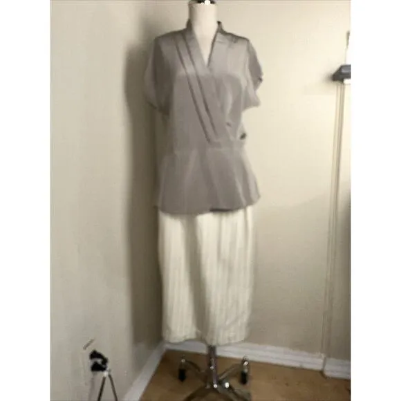 Vintage Kasper 3 Piece Career Suit Cream Taupe Striped Jacket Skirt Top Sz 8 EUC