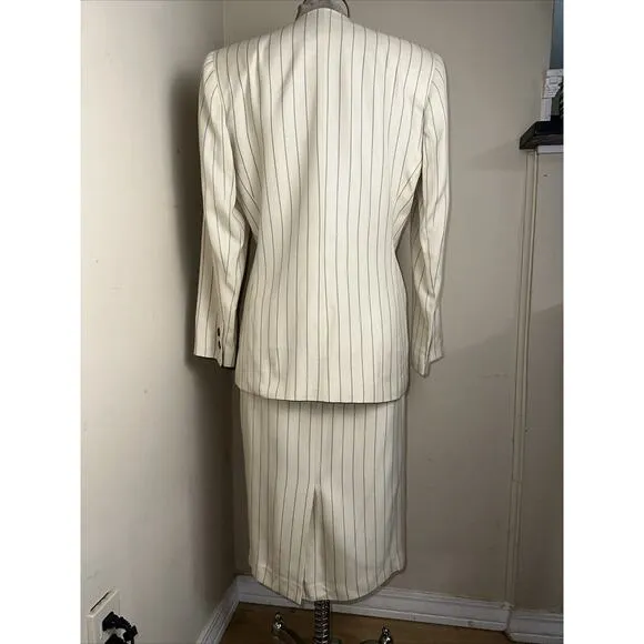 Vintage Kasper 3 Piece Career Suit Cream Taupe Striped Jacket Skirt Top Sz 8 EUC