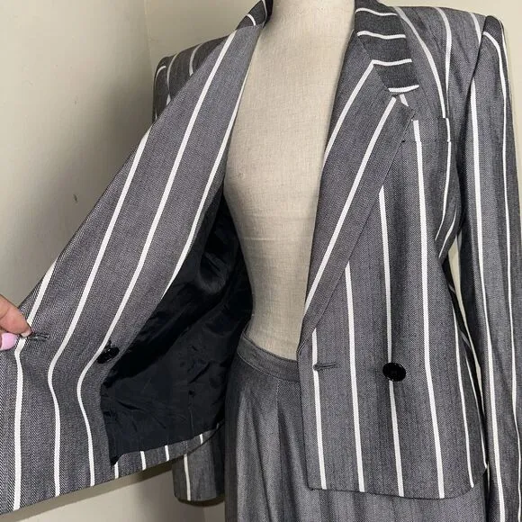 Vintage Kasper 3 Piece Career Suit Cream Taupe Striped Jacket Skirt Top Sz 8 EUC