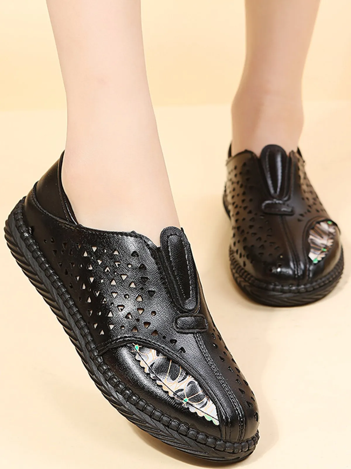 Vintage Plain All Season Daily PU Standard Rubber Slip On Deep Mouth Shoes Flats