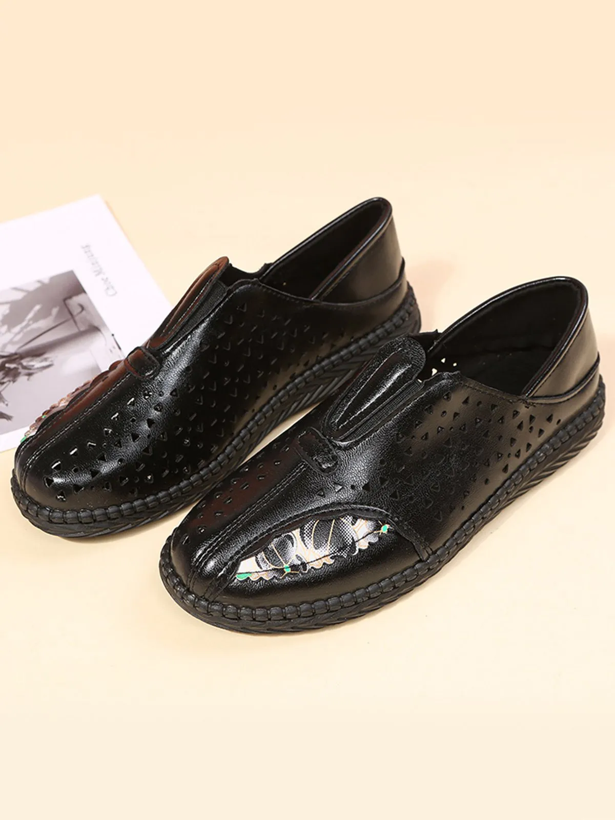 Vintage Plain All Season Daily PU Standard Rubber Slip On Deep Mouth Shoes Flats