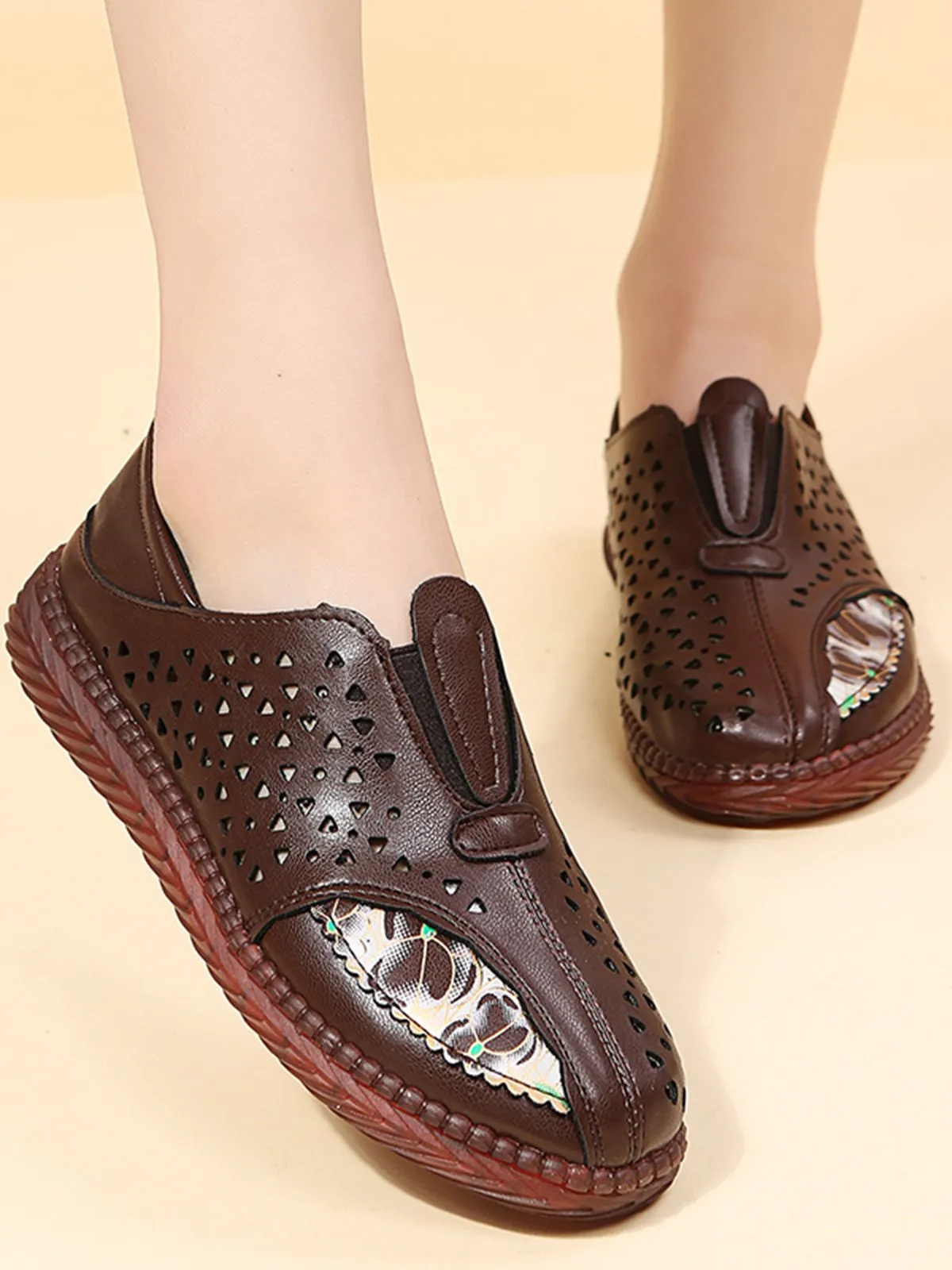 Vintage Plain All Season Daily PU Standard Rubber Slip On Deep Mouth Shoes Flats