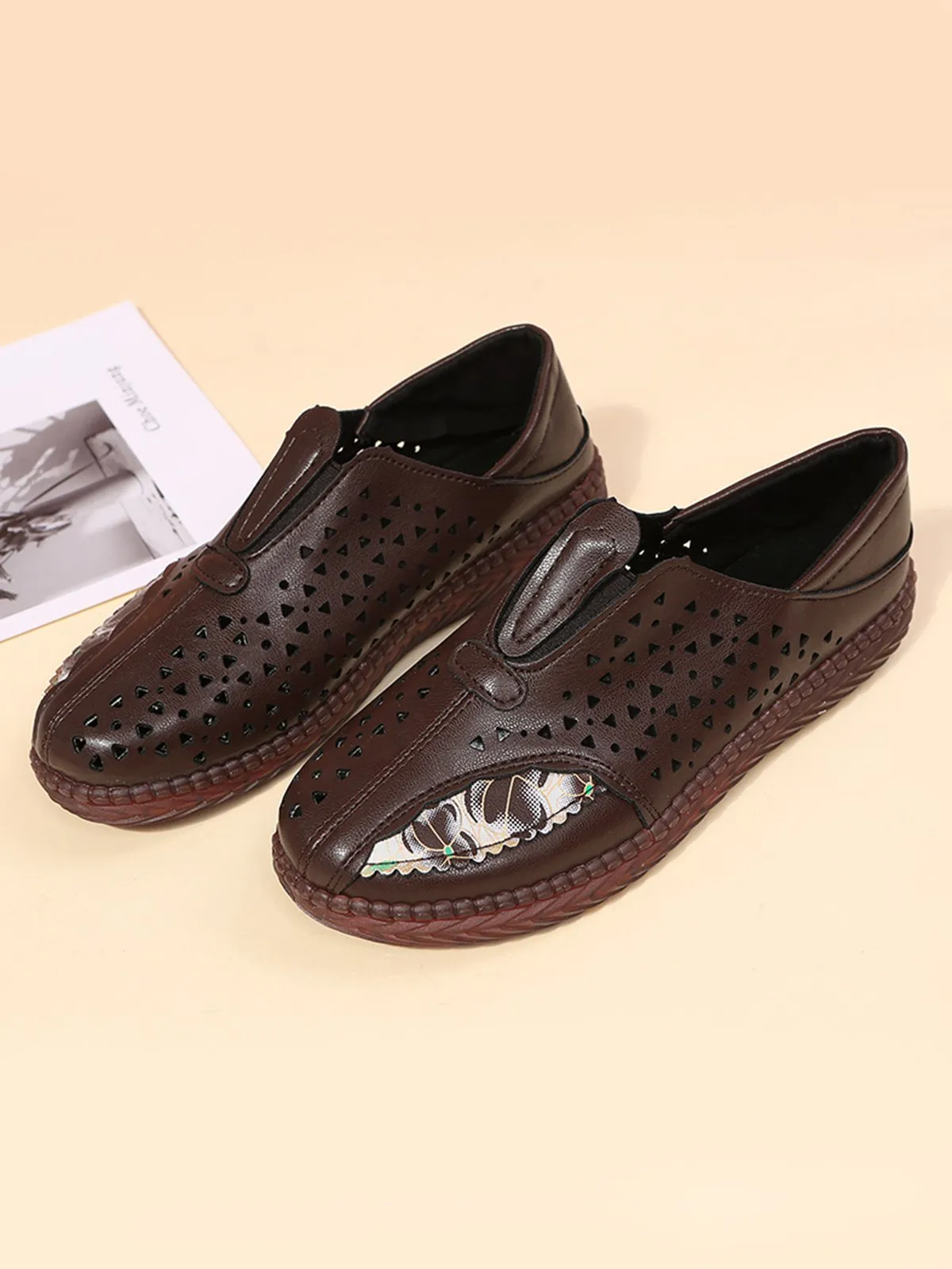 Vintage Plain All Season Daily PU Standard Rubber Slip On Deep Mouth Shoes Flats