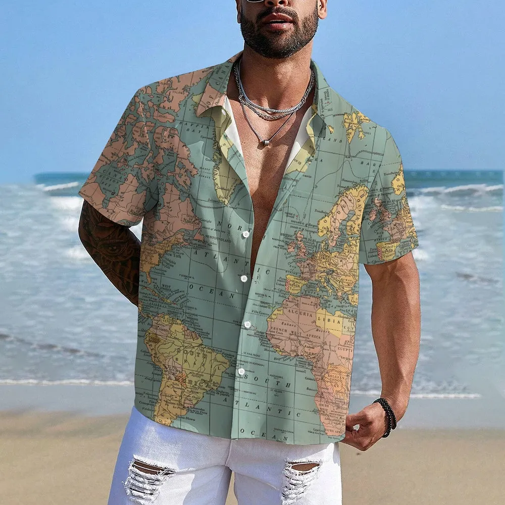 Vintage World Map Print Breathable Casual Fashion Chest Pocket Short Sleeve Shirt 2307101619