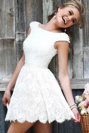 White Appliques Lace Homecoming Dresses, Scoop Beaded Irregular Short Prom Dress SH143