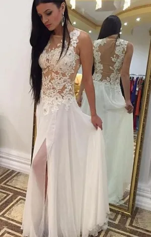 White Backless A-line Chiffon Lace Slit Prom Dress Beaded,Formal Evening Dresses OK413