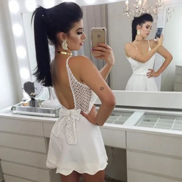 White Deep V Neck Spaghetti Strap Open Back Bowknot Homecoming Dress,Party Dress SH171