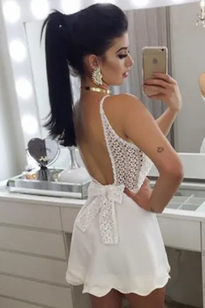 White Deep V Neck Spaghetti Strap Open Back Bowknot Homecoming Dress,Party Dress SH171