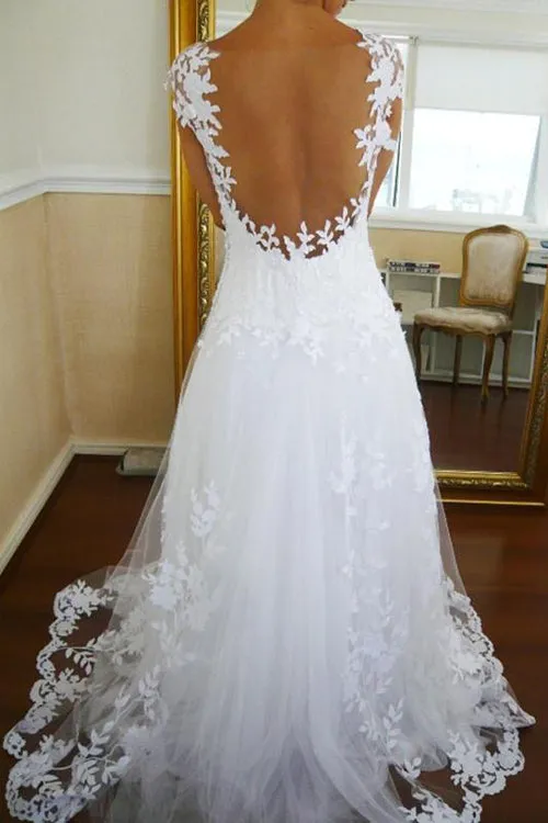 White See-through Sleeveless A-Line Lace Straps Wedding Dresses, Bridal Gowns, SW163