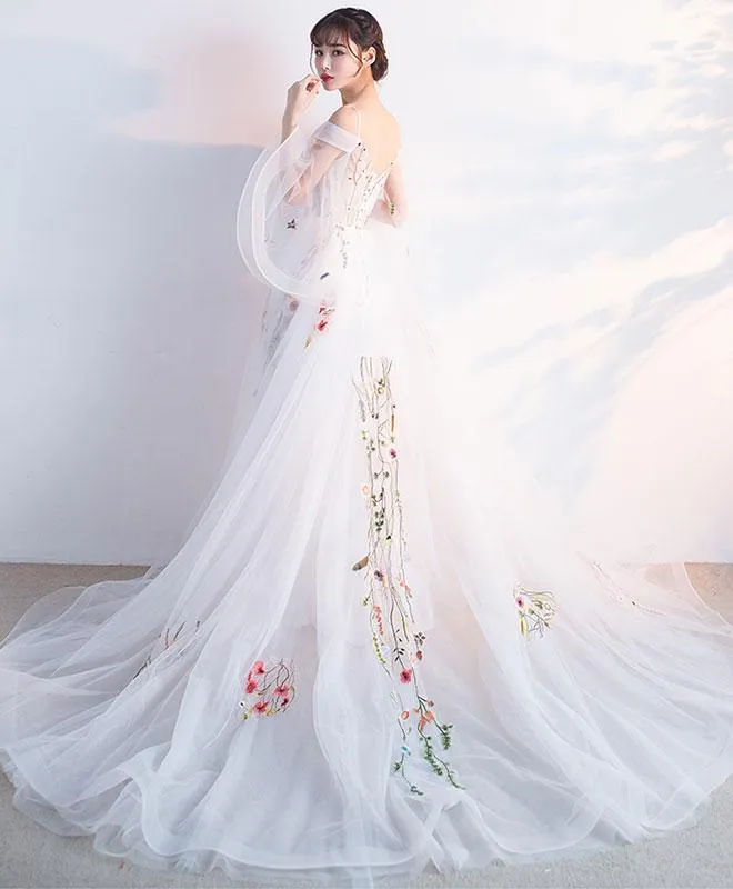 White Straps Long Tulle Evening Gown with Lace, Charming Party Dress