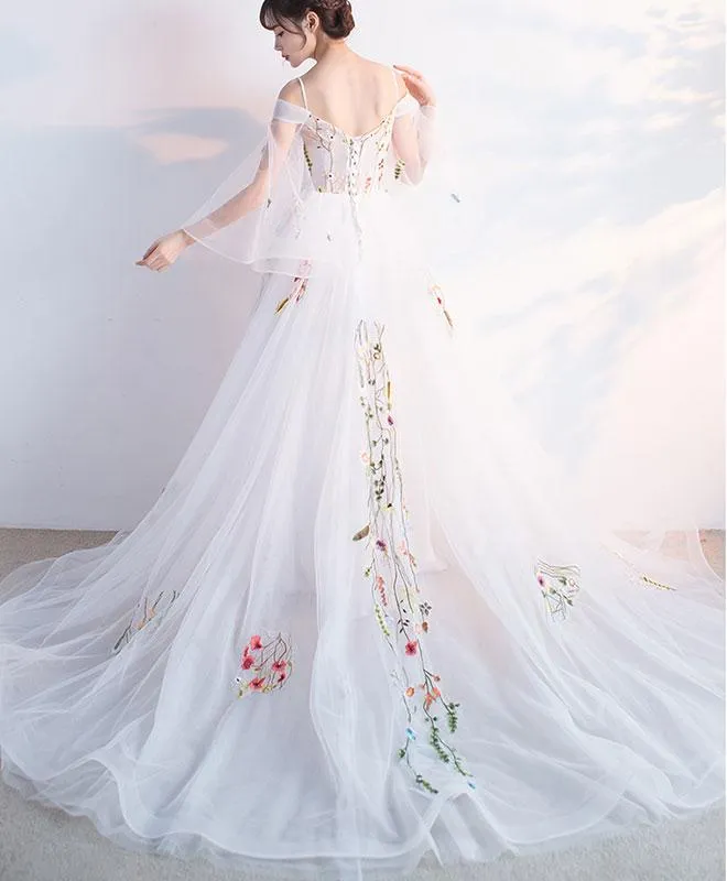 White Straps Long Tulle Evening Gown with Lace, Charming Party Dress