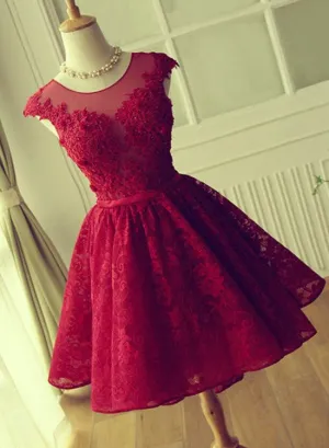 Wine Red Beautiful Lace Short Round Neckline Formal Dresses, Charming Prom Dresses, Cute Party Dress