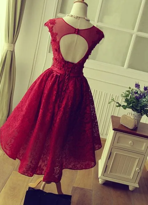 Wine Red Beautiful Lace Short Round Neckline Formal Dresses, Charming Prom Dresses, Cute Party Dress